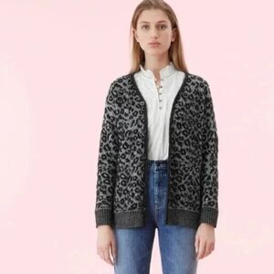 La Vie Rebecca Taylor Jacquard Leopard Print Cardigan Small